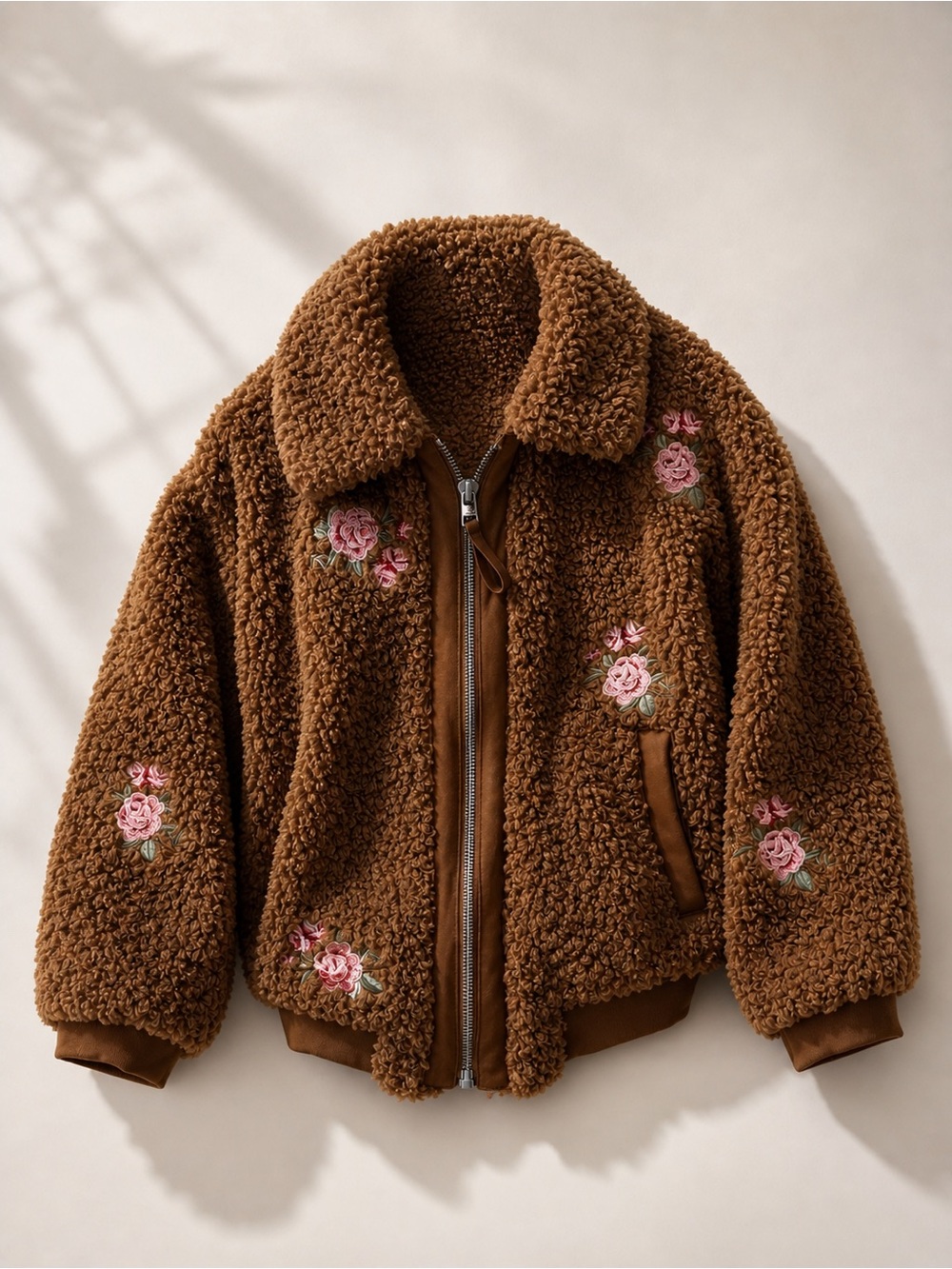 New with Tag Anthropologie Sherpa Jacket with Pink Rose Embroidery sz M